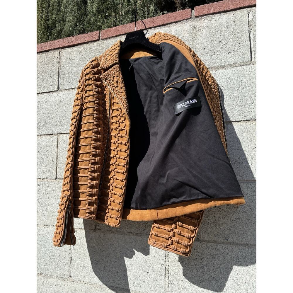 BALMAIN SS 2016 Runway Linen Corde Biker Jacket Brown Sz 48 US 38 - Picture 5 of 11